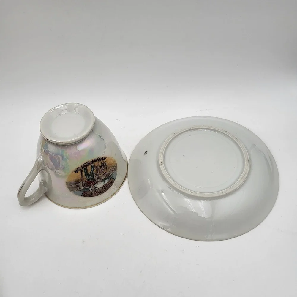 Vintage Souvenir Tea Cup & Saucer Iridescent Virginia City Nevada Prospector